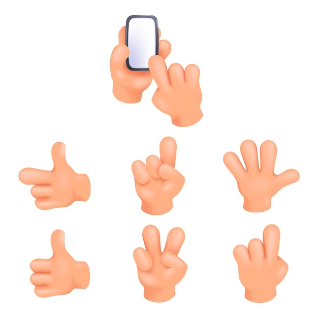 Cartoon 3d hands showing different gestures comic hands