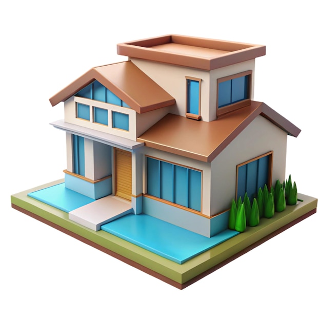 Cartoon 3D House Illustration with Blue Pool and Grass