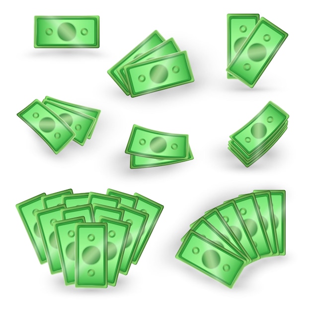 Cartoon 3d rendering money in different positions falling in stack piles bundle crumpled