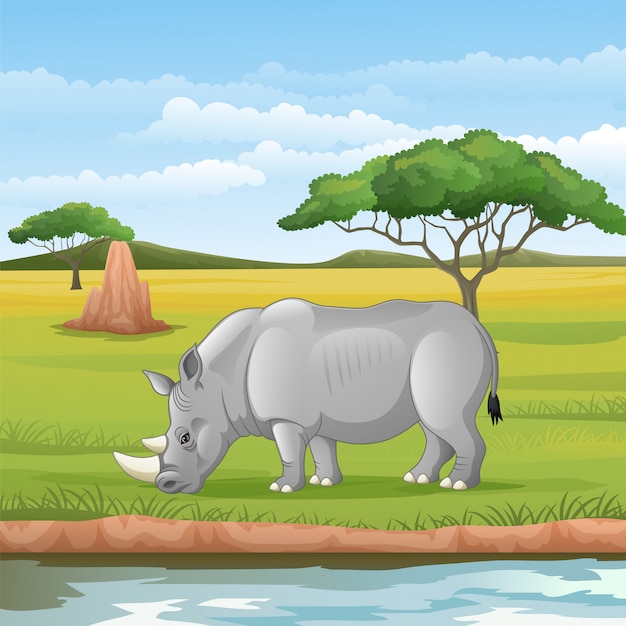 Cartoon African rhinoceros in the savannah