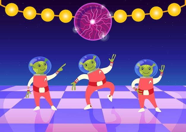 Cartoon aliens in space suit dancing om dance floor. Night club with disco ball and garland flat illustration