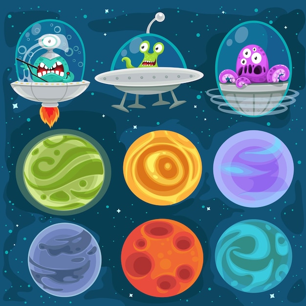 Cartoon aliens in spaceships set of planets in space background