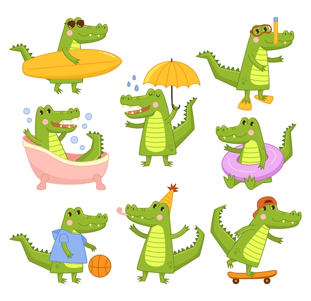 Cartoon alligator Cool green crocodile surfer and diver takes bath and skateboarding Mascot in different activities vector illustration set