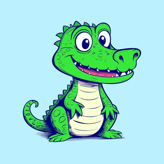 Cartoon alligator with a blue background.