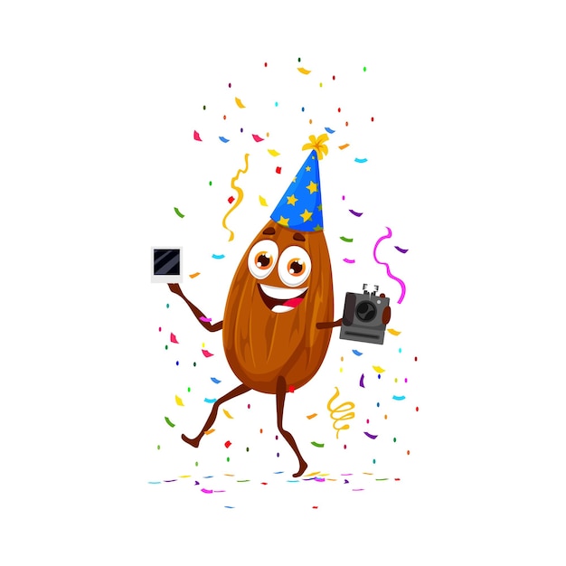 Cartoon almond nut character on birthday holiday