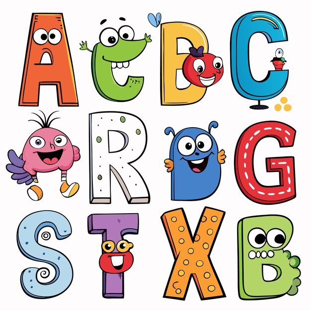 Vector cartoon alphabet letters with funny faces and characters for kids