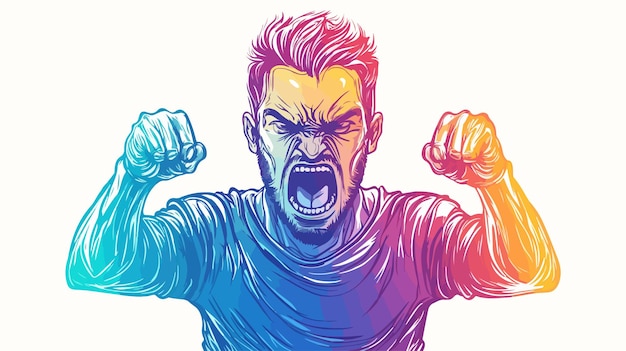 Vector cartoon angry man in cold gradient line drawing style