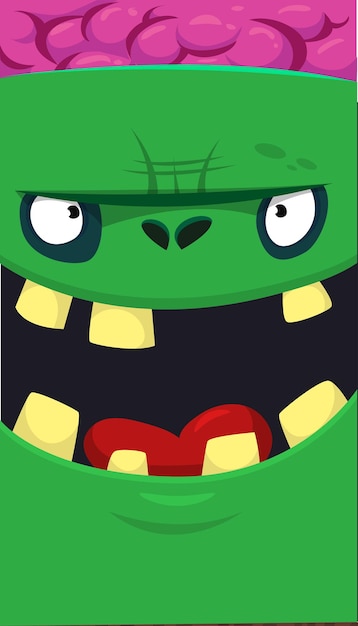 Cartoon angry zombie face avatar Halloween vector illustration of funny zombie moaning with wide open mouth full of teeth Great for decoration or package design