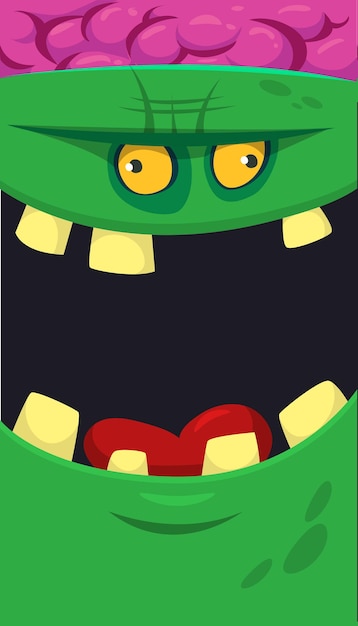 Cartoon angry zombie face avatar Halloween vector illustration of funny zombie moaning with wide open mouth full of teeth Great for decoration or package design