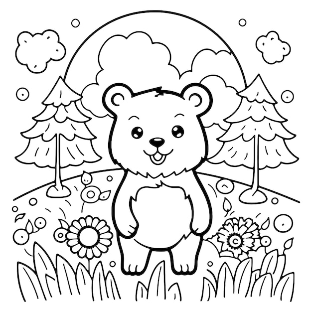 Cartoon animal bear in the garden coloring book page vector illustration with generative ai