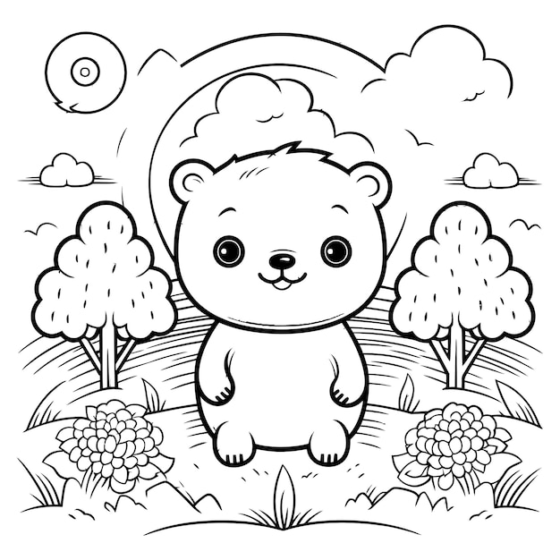 Cartoon animal bear in the garden coloring book page vector illustration with generative ai