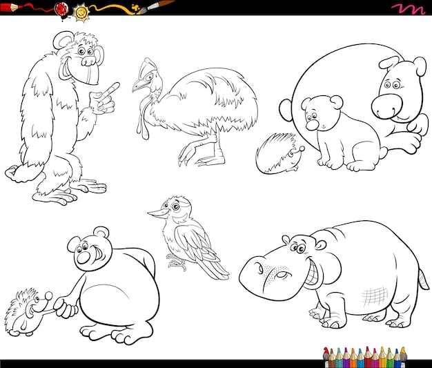 cartoon animal characters set coloring book page