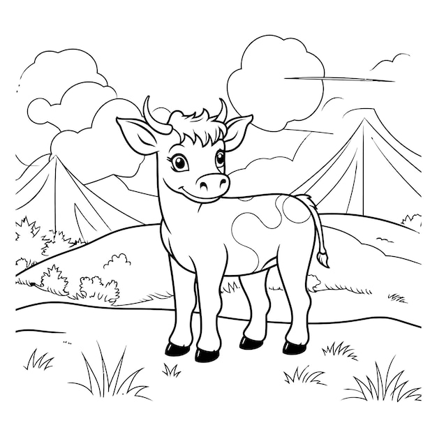 Cartoon animal cow in the garden coloring book page vector illustration with generative ai