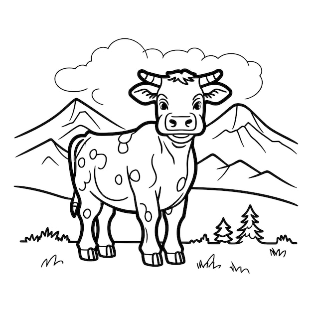 Cartoon animal cow in the garden coloring book page vector illustration with generative ai