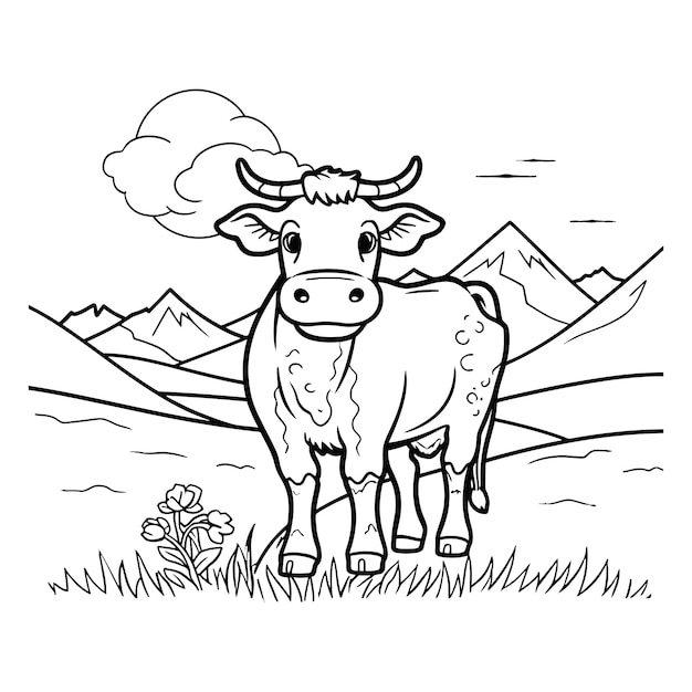 Cartoon animal cow in the garden coloring book page vector illustration with generative ai