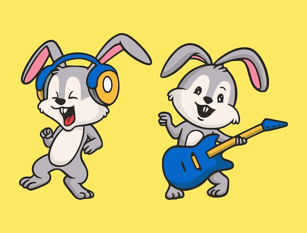 Cartoon animal design rabbit listens to music and plays the guitar cute mascot illustration