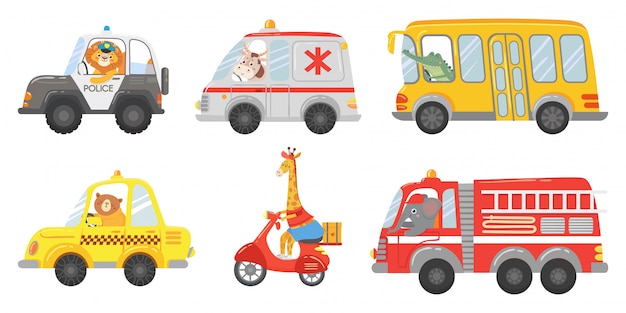 Cartoon animal driver. Animals in emergency ambulance, firetruck and police car. Zoo taxi, public bus and delivery truck vector set