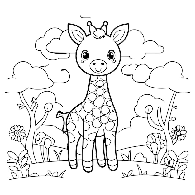 Cartoon animal giraffe in the garden children coloring book vector illustration with generative ai