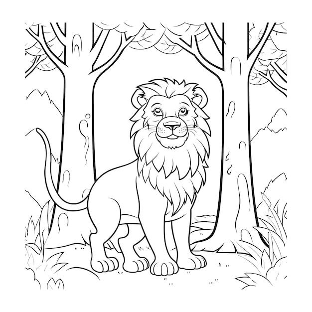 Cartoon animal lion in the forest coloring book page vector illustration with generative ai