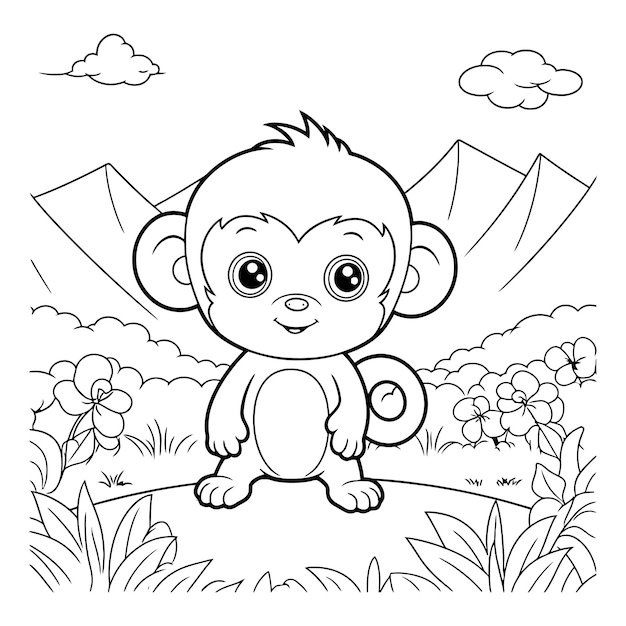 Cartoon animal monkey in the garden coloring book page vector illustration with generative ai