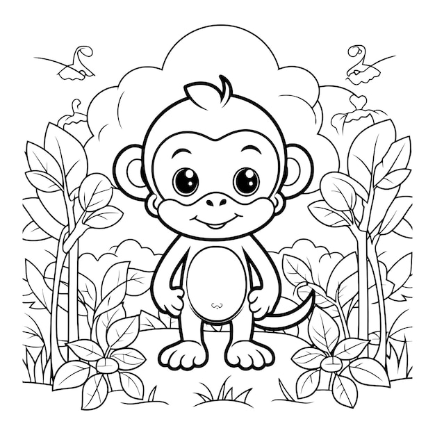 Cartoon animal monkey in the garden coloring book page vector illustration with generative ai