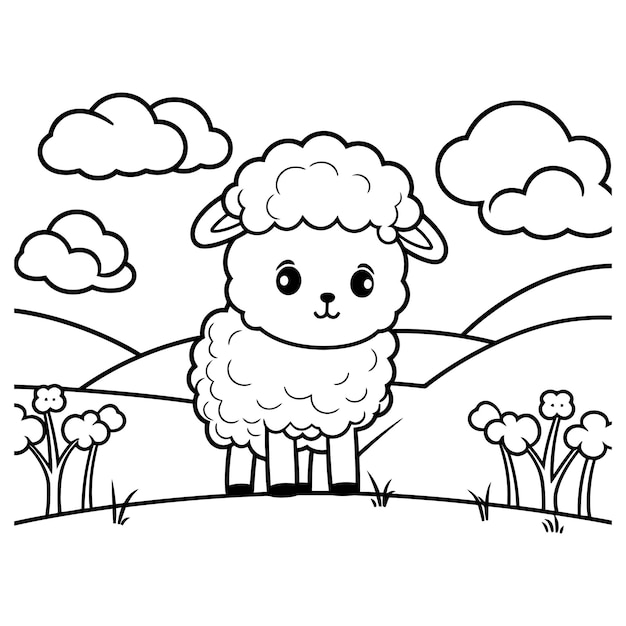 Cartoon animal sheep in the garden coloring book page vector illustration with generative ai