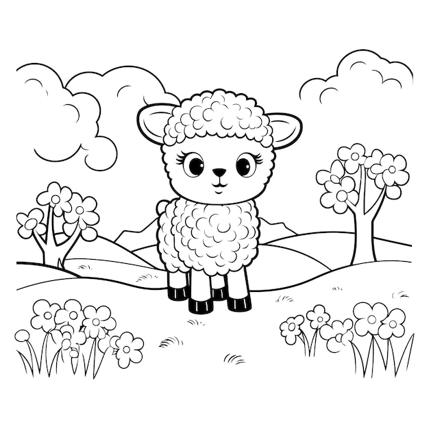 Cartoon animal sheep in the garden coloring book page vector illustration with generative ai