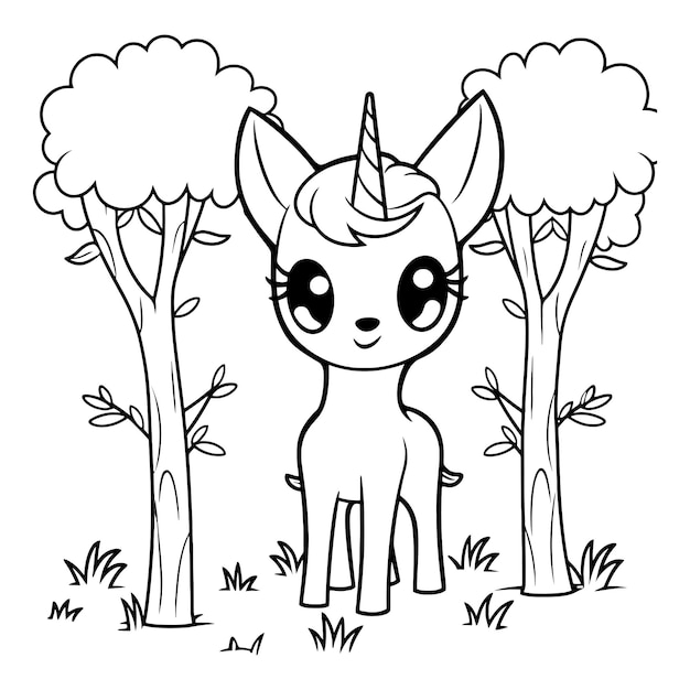 Cartoon animal unicorn in the forest children coloring book generative ai