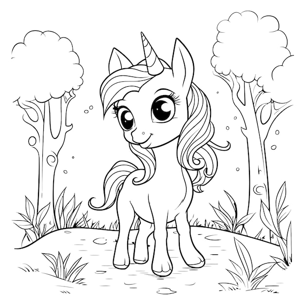 Cartoon animal unicorn in the forest children coloring book generative ai