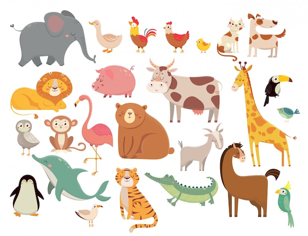 Cartoon animals. Cute elephant and lion, giraffe and crocodile, cow and chicken, dog and cat set