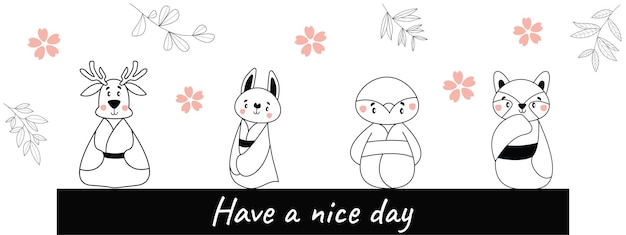 Cartoon animals wearing traditional Japanese clothes