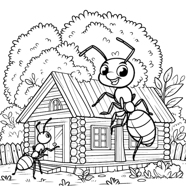 Cartoon anthill with working ants children coloring book generative ai