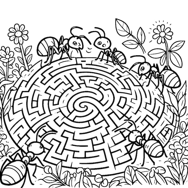 Cartoon anthill with working ants children coloring book generative ai