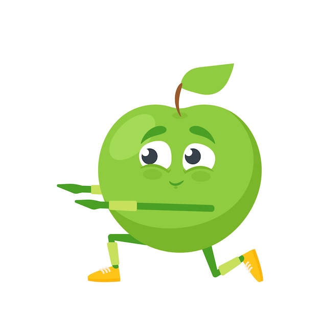 Cartoon Apple Character Yoga Fitness or Pilates Fitness Sport Green Fruit Squat in Stretching Pose Smiling Personage