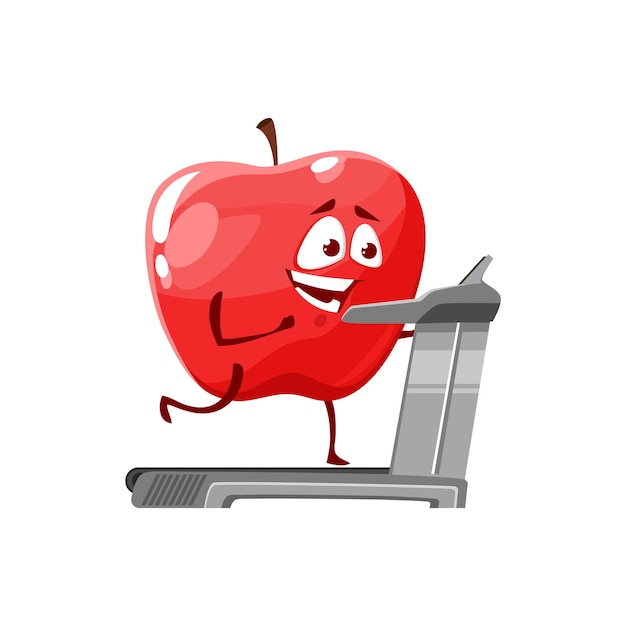 Cartoon apple run on treadmill, fruit vector icon