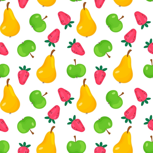 Cartoon apples, pears and strawberries seamless pattern