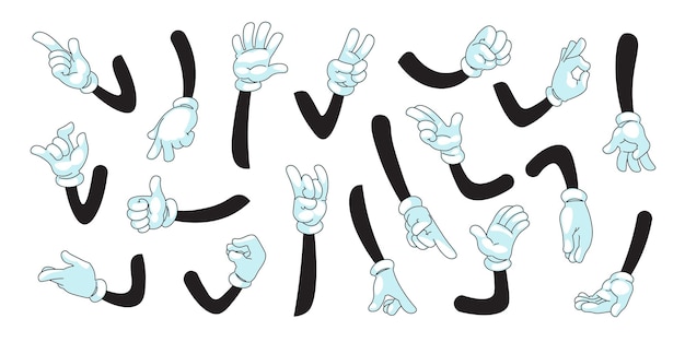 Vector cartoon arms. human or mascot characters in white gloves showing gestures with palms and fingers. vector illustration comic symbols collection with black contour hands gloves set