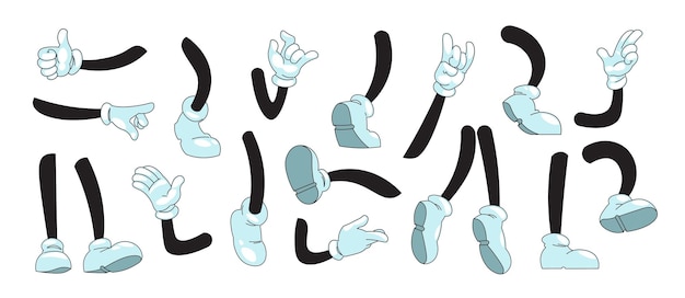 Cartoon arms and legs. Mascot doodle hands in white gloves showing gestures and feet in boots kicking running and standing. Vector illustration sketch comic collection