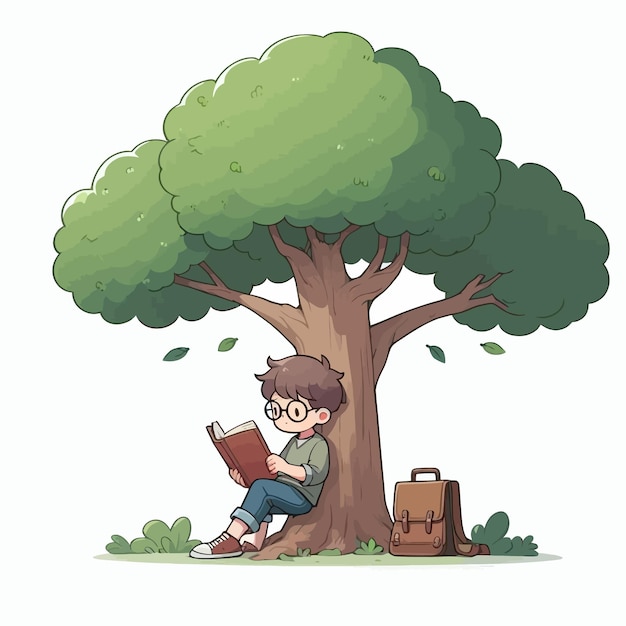 Cartoon Art Simple of Boy Reading Book Under Tree