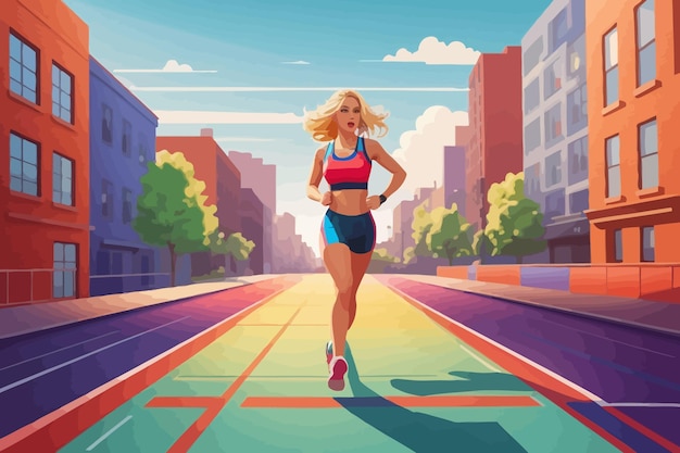 cartoon in artistic style of a race track in the middle a woman running illustration