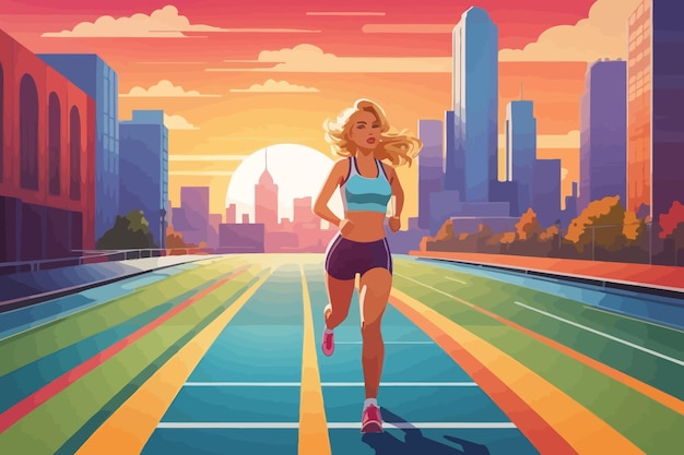 cartoon in artistic style of a race track in the middle a woman running illustration