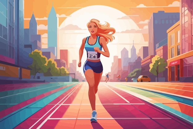 cartoon in artistic style of a race track in the middle a woman running illustration