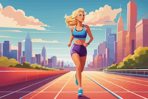 cartoon in artistic style of a race track in the middle a woman running illustration