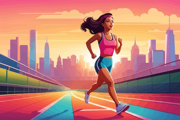 cartoon in artistic style of a race track in the middle a woman running illustration