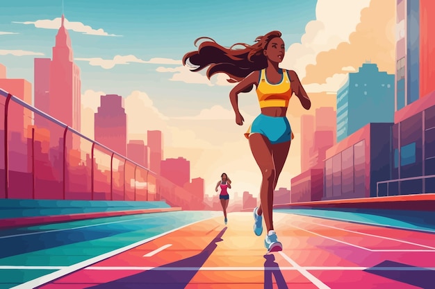 cartoon in artistic style of a race track in the middle a woman running illustration