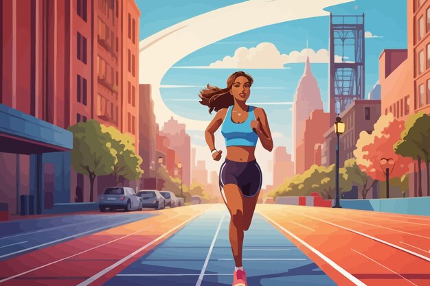 cartoon in artistic style of a race track in the middle a woman running illustration