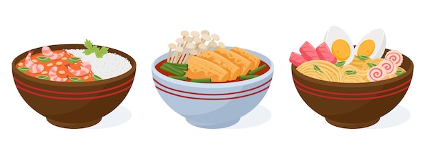 Cartoon asian food bowls Japanese seafood traditional asian cuisine ramen soup and rice bowl oriental seafood dish flat vector illustration set