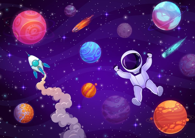 Cartoon astronaut in outer space galaxy landscape