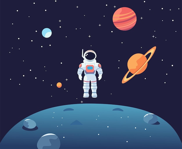 cartoon astronaut in space vector landscape