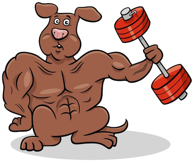 Cartoon athlete dog training with barbells